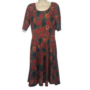👠LulaRoe Black Red Green Orange Floral Flared Skirt Short Sleeved Midi Dress XL